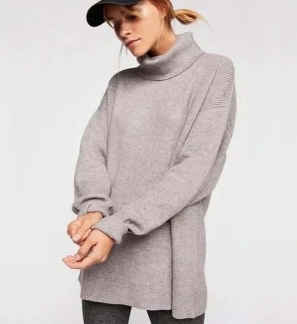 Free People Softly Structured Ribbed Tunic Turtleneck Sweater in Grey Small